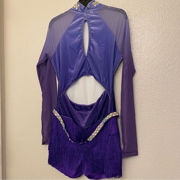 WEISSMAN Dance Costume purple fringe velvet mesh sleeve All The Ways 13290 MA - Picture 4 of 13